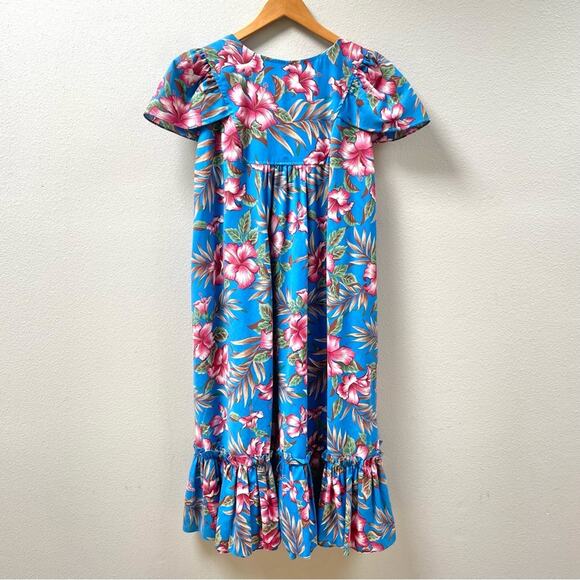 Vintage Hawaiian Muumuu Royal Hawaiian Blue Floral Midi Dress Women's Large - Picture 2 of 11